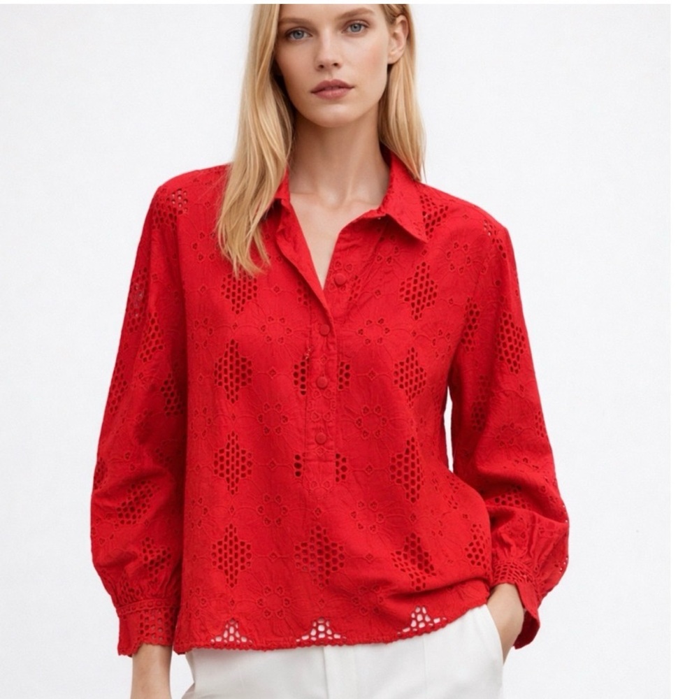 NWT J.Crew Women’s Red Eyelet Long Sleeve Popover Top Size Medium